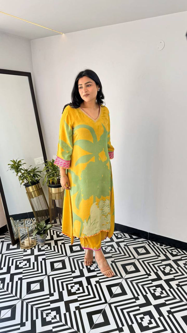 Gul Lime Yellow Floral Kurta Set