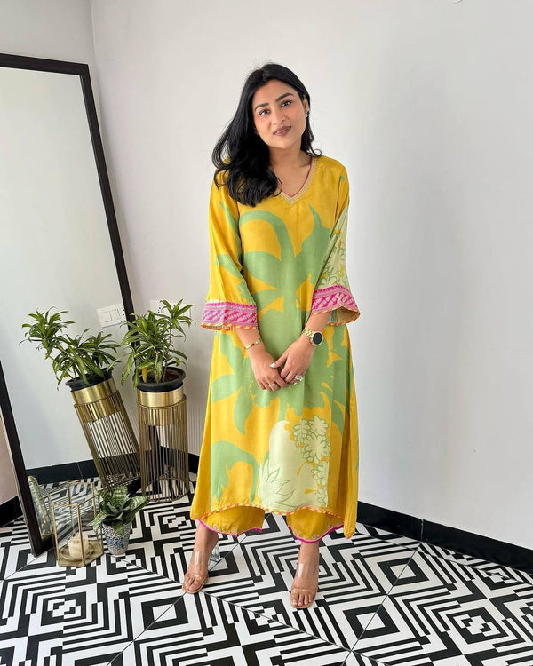 Gul Lime Yellow Floral Kurta Set