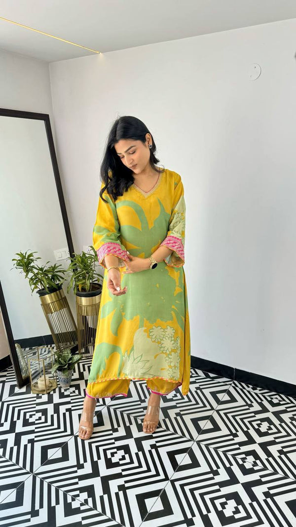 Gul Lime Yellow Floral Kurta Set