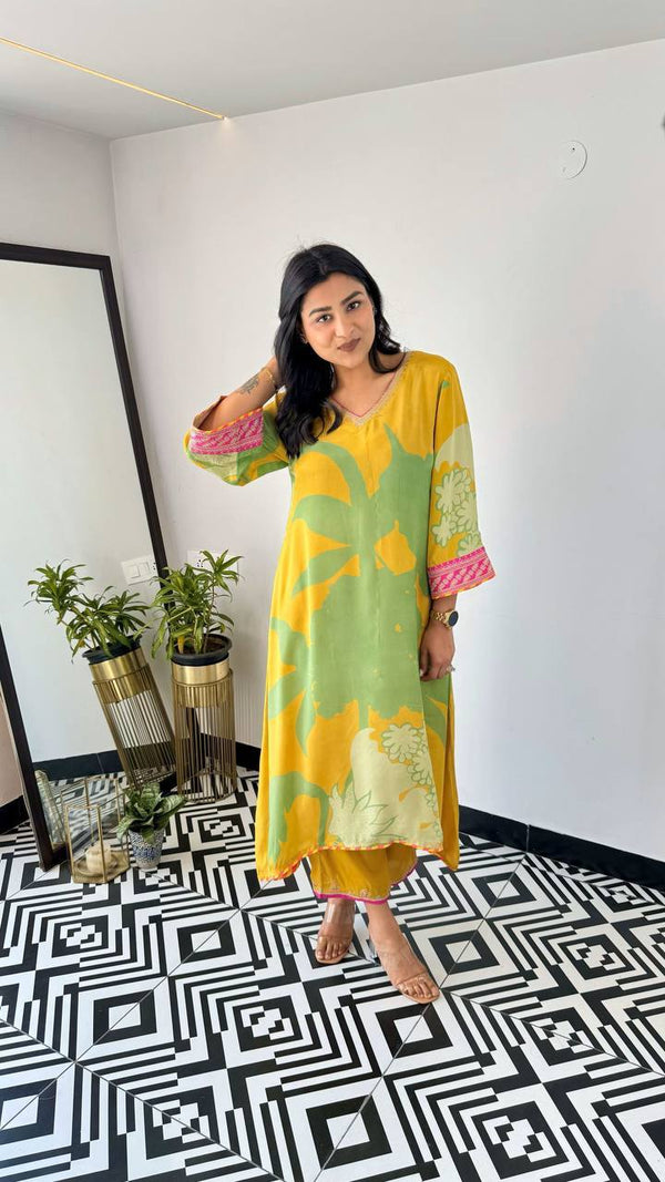 Gul Lime Yellow Floral Kurta Set