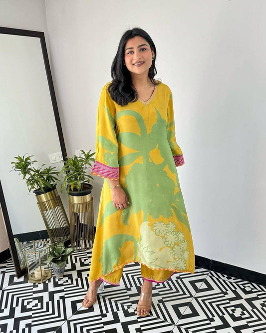 Gul Lime Yellow Floral Kurta Set