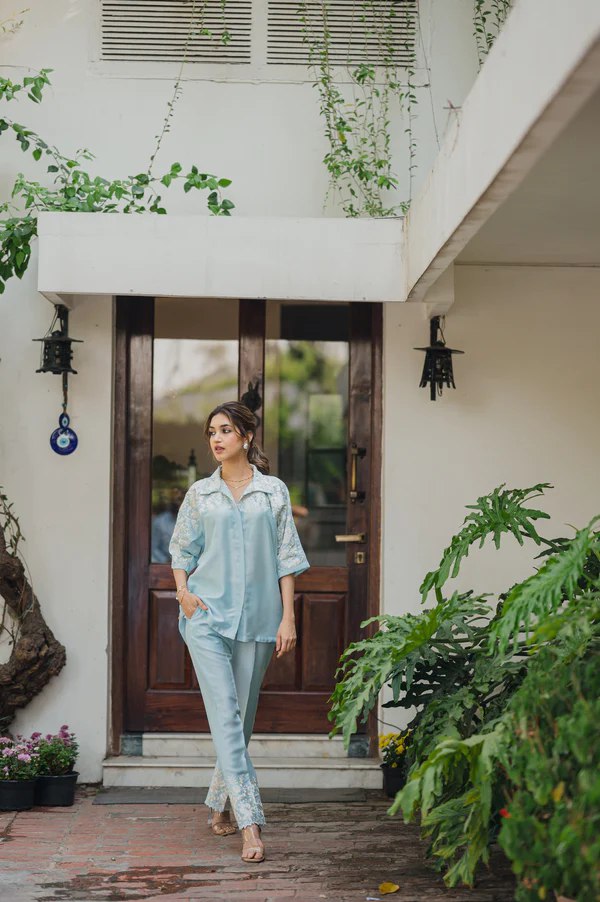 Light Blue Floral Embroidered Co-ord Set